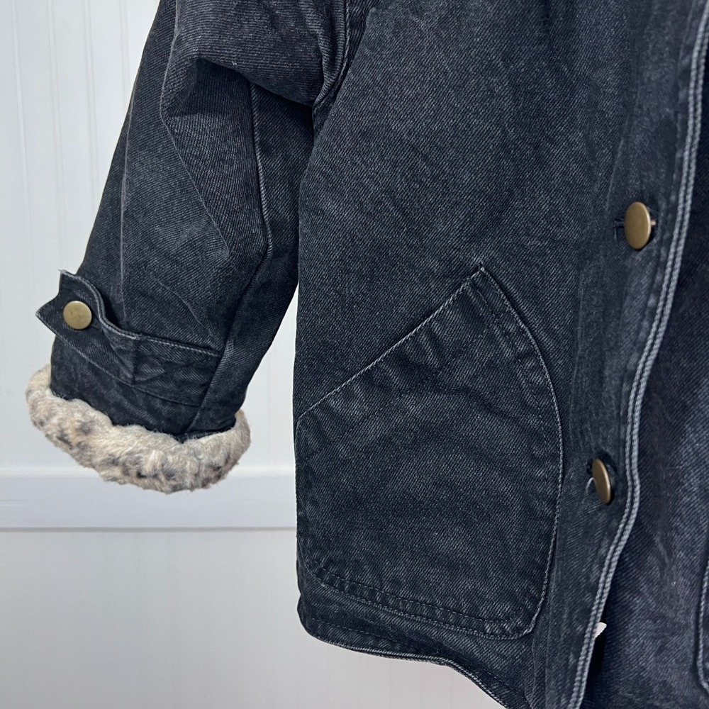 Vtg 90s Denim Jacket Girls Glam Black Faux Leopard Fur KC Collections Size L - Picture 7 of 12